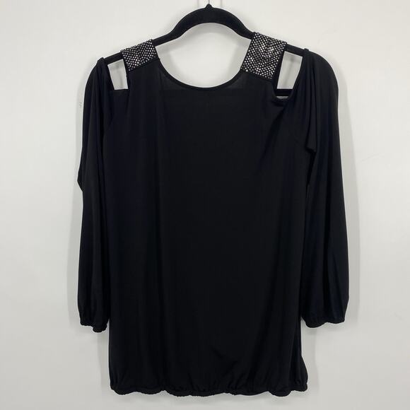 Maurices Black Slinky Knit Top Size Medium Studded Shoulders Cut Out long Sleeve - Picture 9 of 10